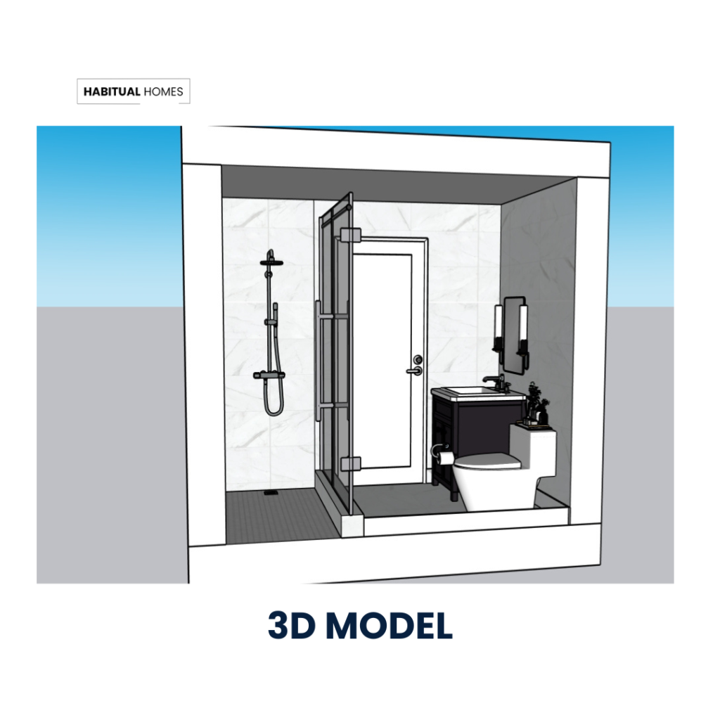 Front view of the bathroom layout with shower, vanity, and toilet