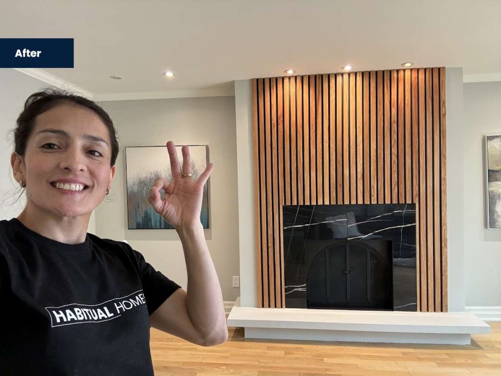 "Benjamin Moore Intense White paint used in fireplace renovation"