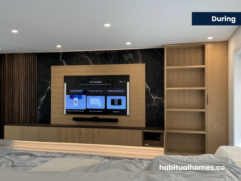 wood slats entertainment wall design