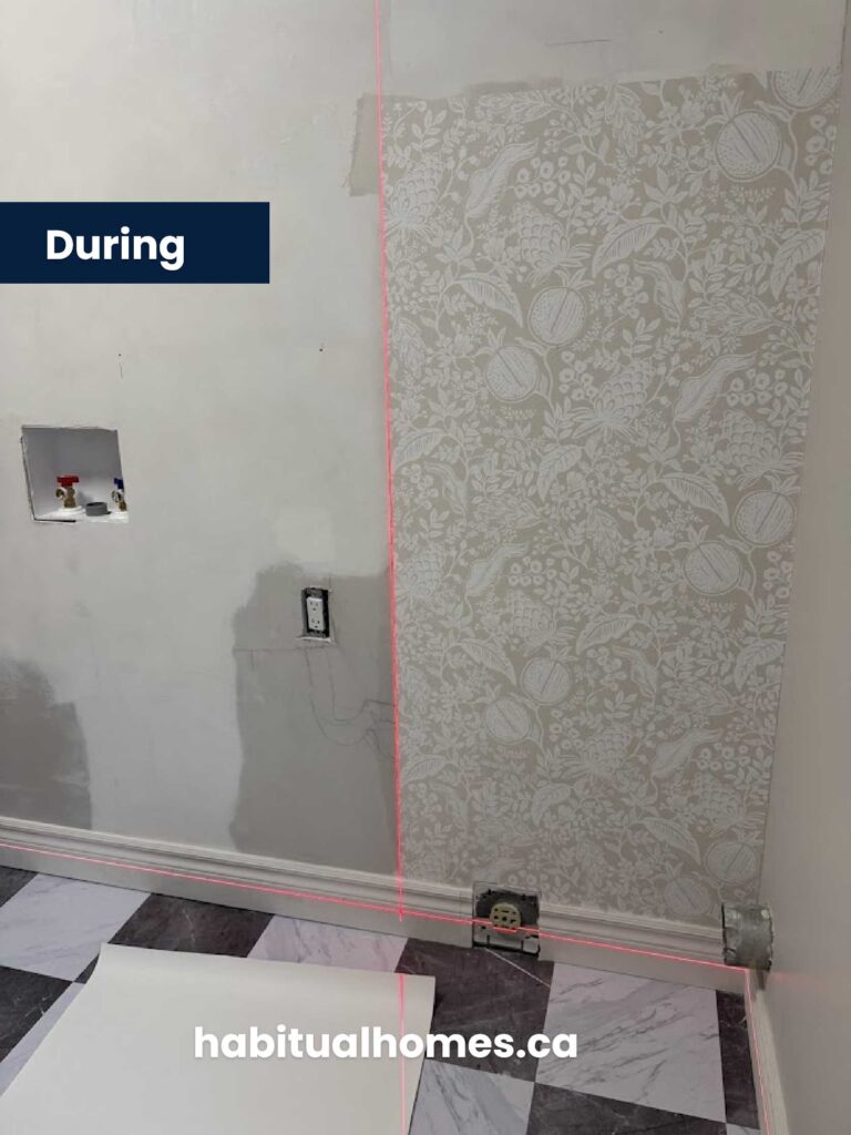 wallpaper installation in the laundry room renovation