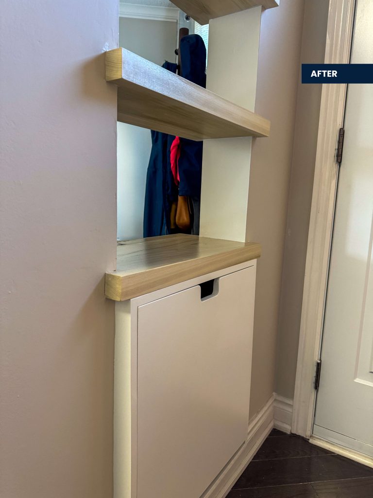 Shoe cabinet below open shelves above