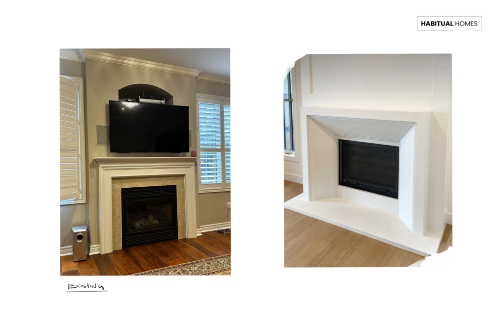 Before-and-after comparison of traditional fireplace with updated transitional redesign