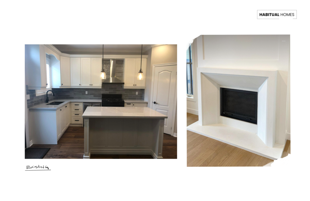 Side-by-side of updated transitional kitchen and matching fireplace design concept