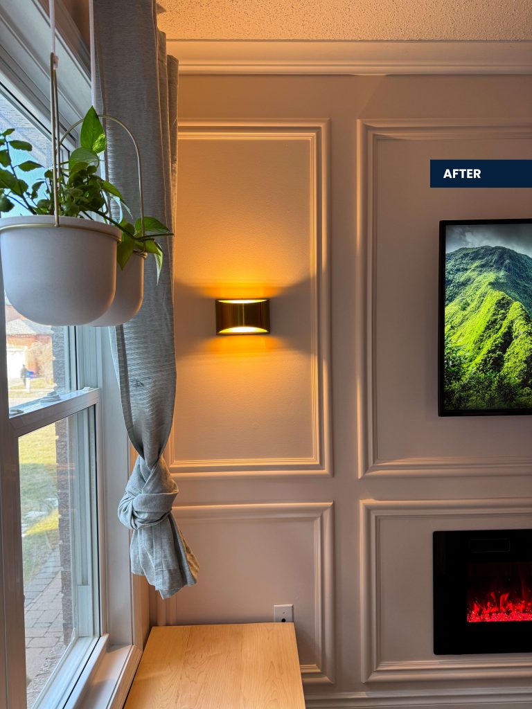 Wainscoting living room, hanging plants window