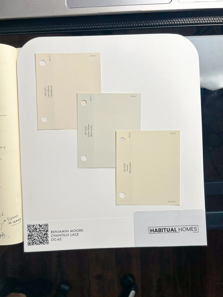 basement bedroom paint swatchs SW CASA BLANCA - SW OYSTER WHITE - SW MUSLIN