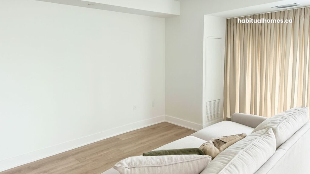 Bloor East Toronto condo living room before renovation, empty wall with cream curtains and hardwood floor