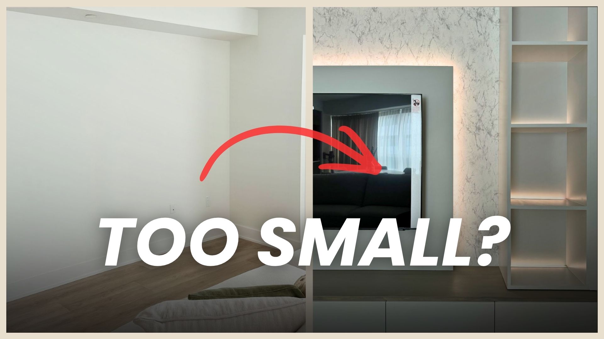 Before and after of a custom built in wall unit in a Toronto condo, from bare wall to backlit marble TV niche with shelving