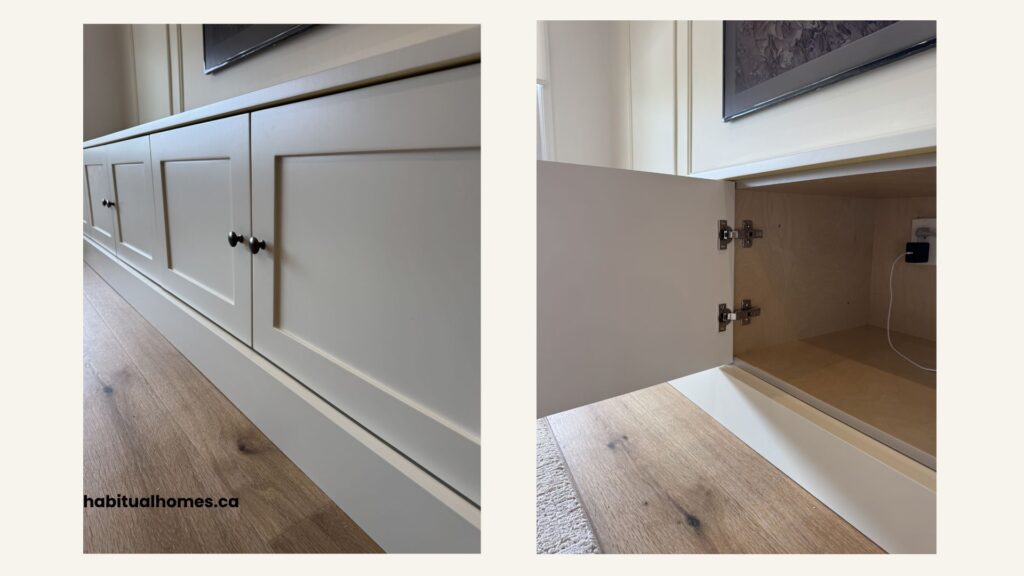 Closed lower storage cabinets below a Samsung Frame TV wall