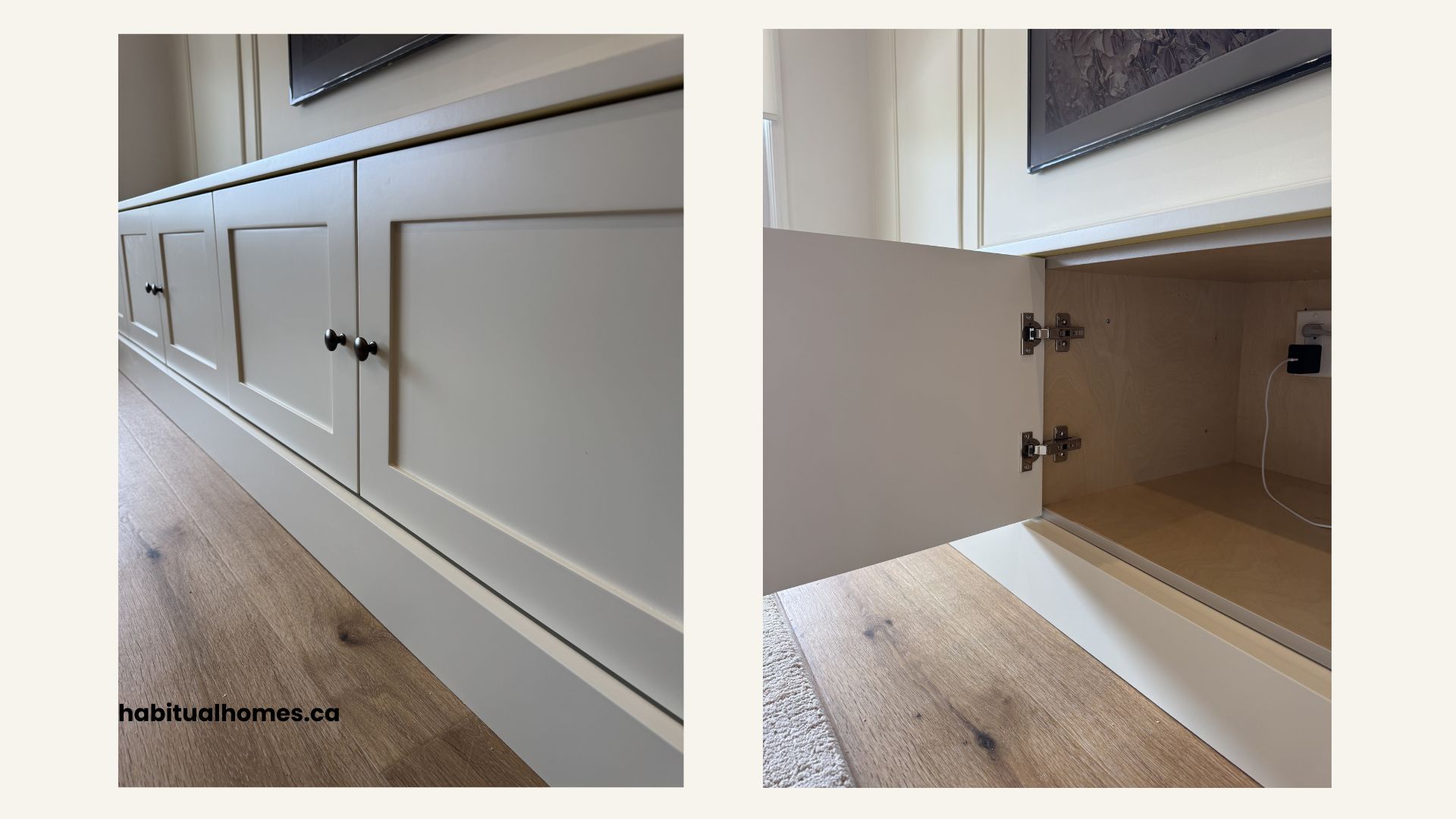 Custom TV wall with built-in storage in a Briar Hill Midtown Toronto living room