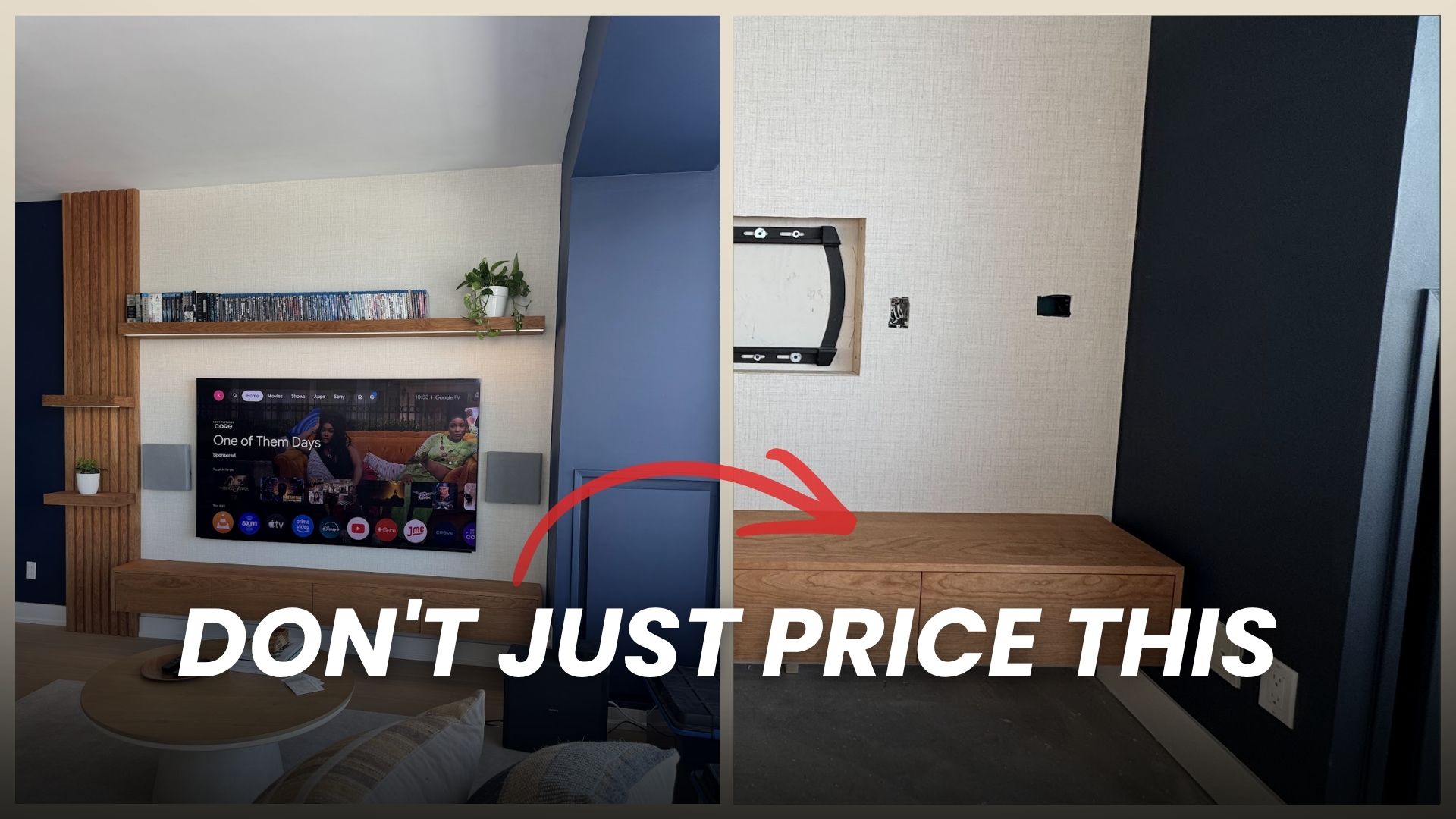 Before and after of a custom TV wall, from bare wall with outlets and TV bracket to finished wood slat media wall with floating shelf, by a custom TV wall contractor in Toronto