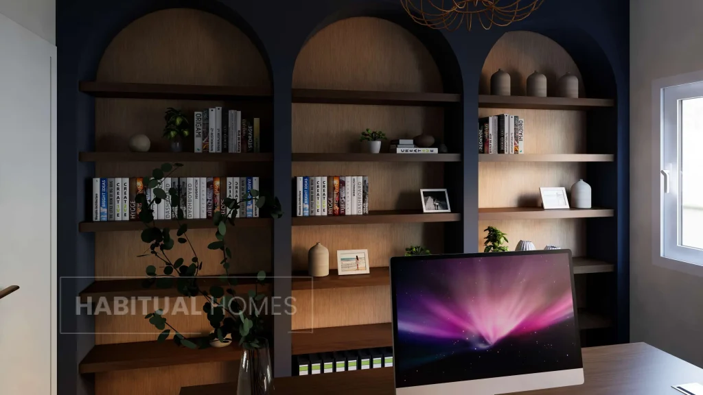 home-office-arched-shelving-and-modern-desk-toronto
