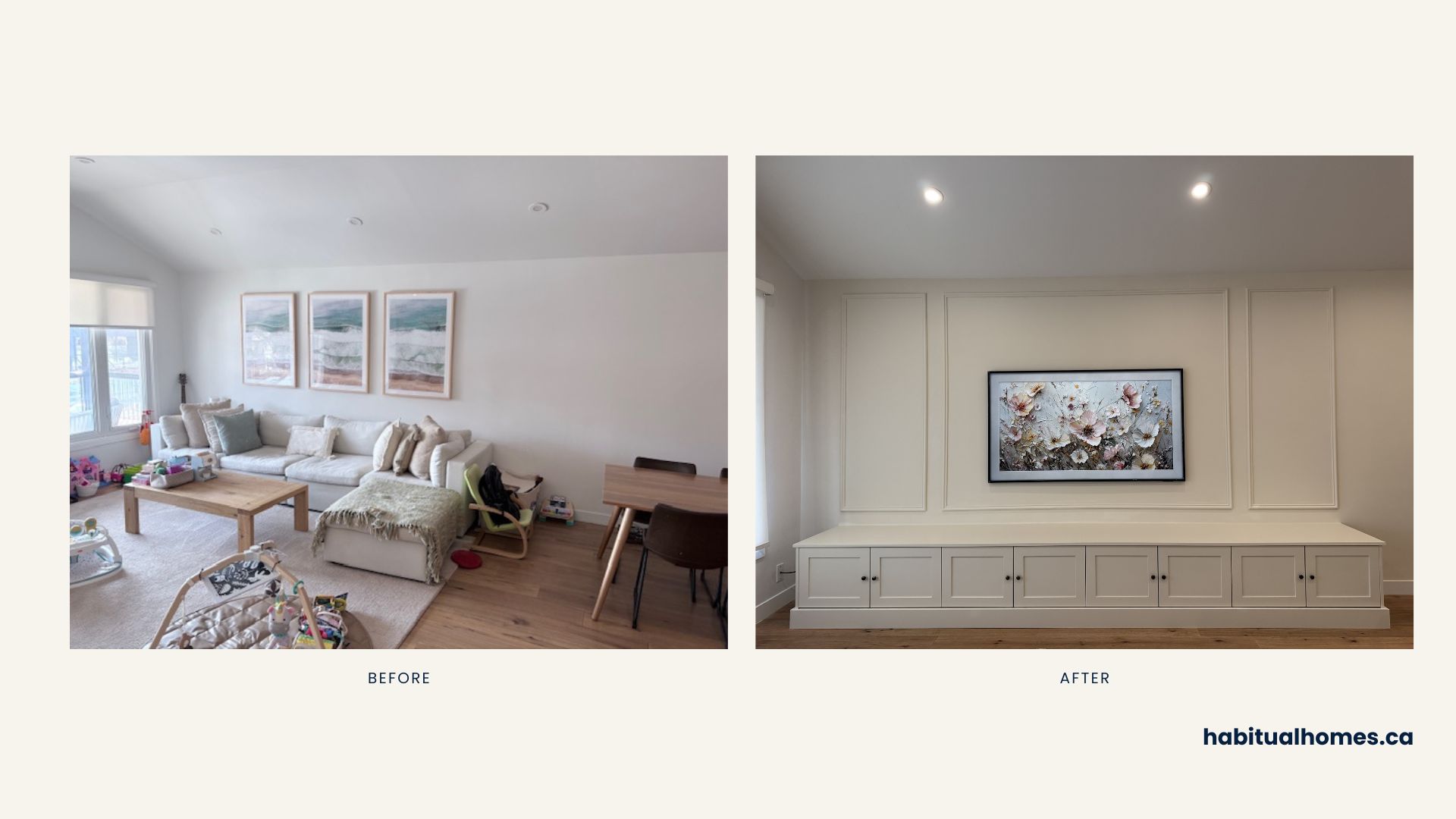 Custom built-in wall with Samsung Frame TV in a Midtown Toronto living room