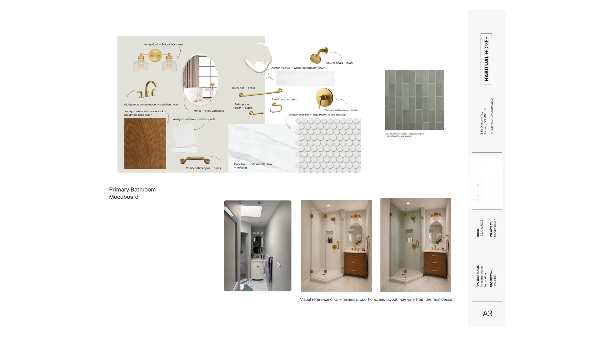 Moodboard for a small bathroom renovation in Toronto: white 3x12 wall tile, gray penny round mosaic floor, oak custom vanity, white quartz counter, brass fixtures.