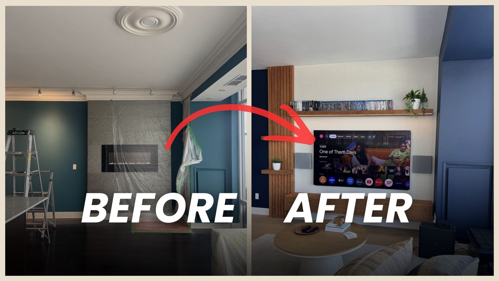 Before and after of a TV wall makeover in a Toronto condo, from an under-construction fireplace wall to a wood slat media wall with floating shelf and TV