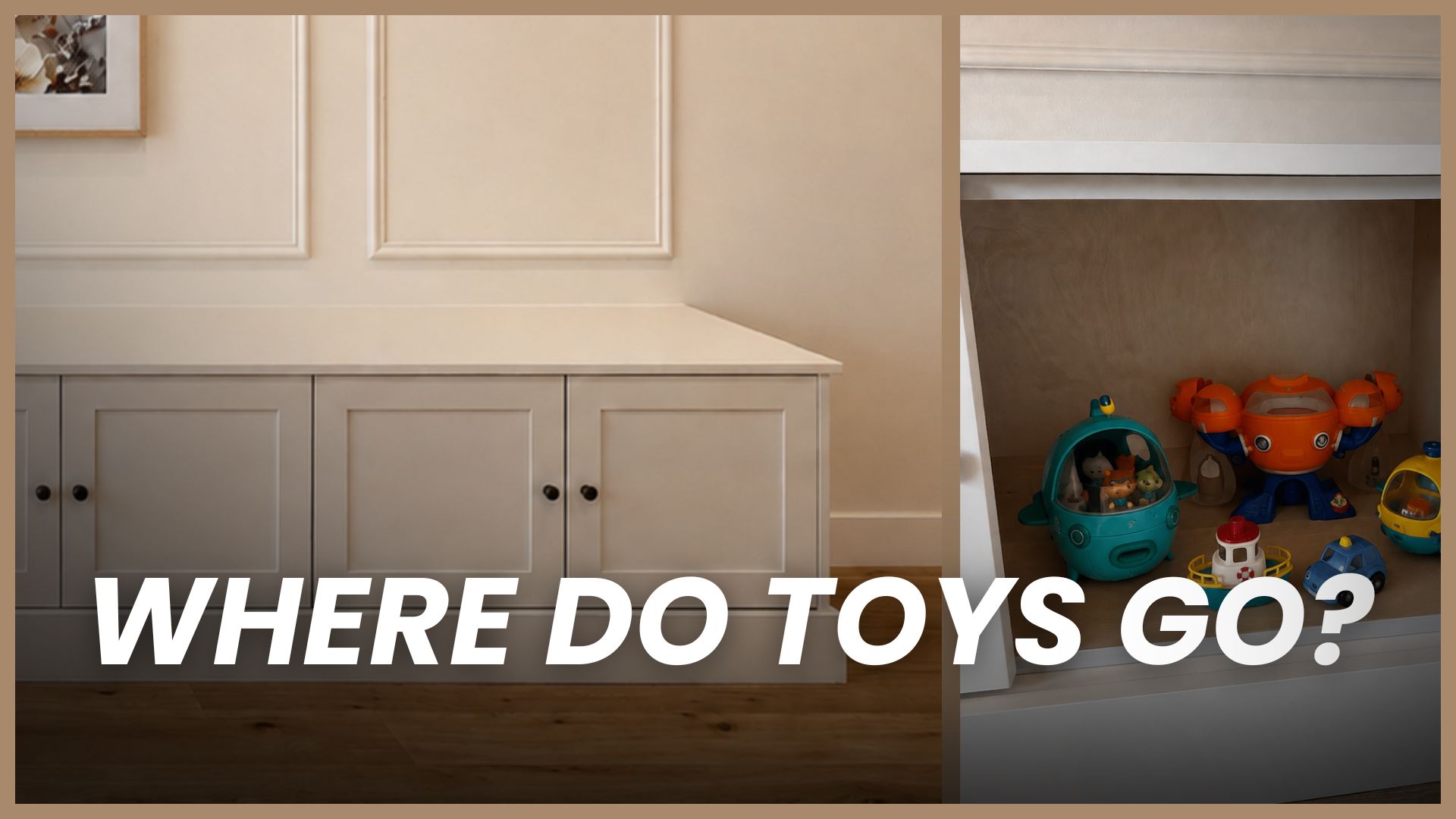 TV wall storage with closed cabinet doors that open to reveal toy storage for kids, Toronto living room