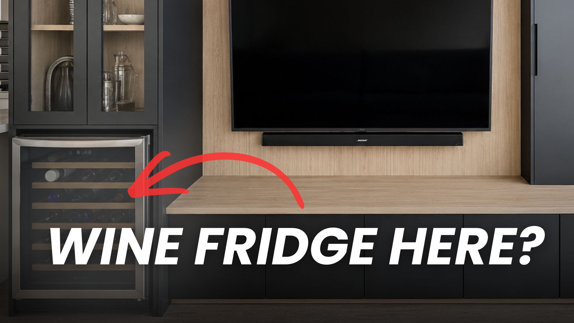 Custom TV wall with a built in wine fridge and glass cabinet, dark cabinetry with wood slat backdrop
