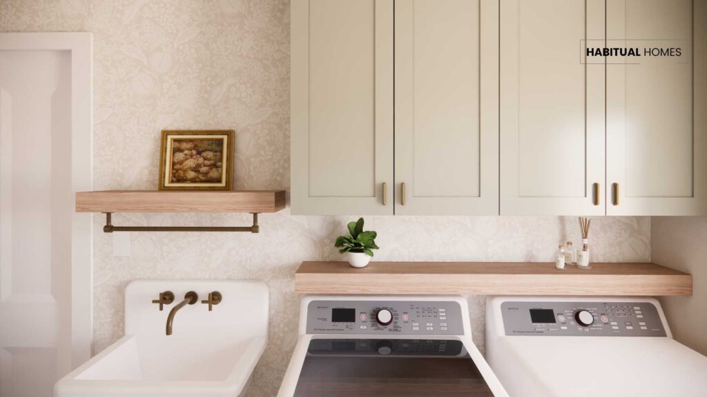 wallpaper for a laundry room makeover rendering